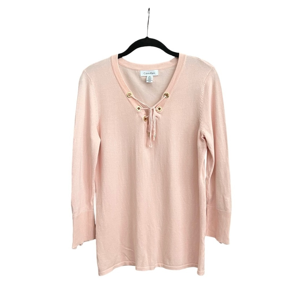 Calvin Klein Sweater Women's Size S Pink Lace Up 3/4 Sleeve Grommets Classiccore